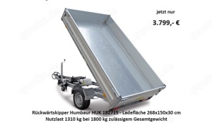 AKTION! Humbaur HUK 182715 - 1800 kg Rückwärtskipper 268x150x30cm