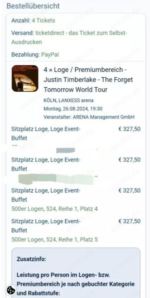 2 E-Tickets [Loge] für Justin Timberlake am 26.08.24 in Köln 