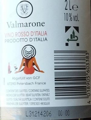 Italienischer Rotwein Valmarone 10%  alc halbtrochen 2,0 l Flasche 