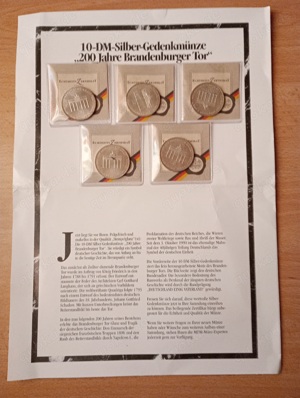6x 10-DM-Silber-Gedenkmünze 200 Jahre Brandenburger Tor mit Echtheits-Zertifikat