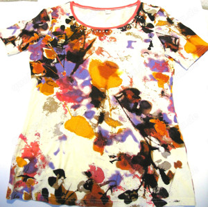  Shirt mit Glitzersteinchen Gr. 38 creme-lila-rosa-ocker-bunt - Viskose - neuwertig