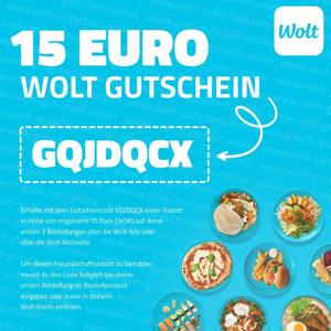 Wolt 15  Gutschein Code Rabatt 15 Euro