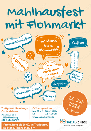 Flohmarkt und Fest im Treffpunkt Mahlhaus in Hamburg Farmsen am 13. Juli 11:00 bis 15:00 Uhr 