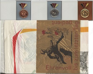 Die drei NVA-Reservistenmedaillen Bronze,Silber,Gold und drei Erinnerungstücher