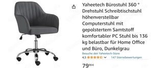 Schreibtischstuhl, Samt, grau, Rollen, WIE NEU, Schnäppchen, -30% Rabatt, NP 79 