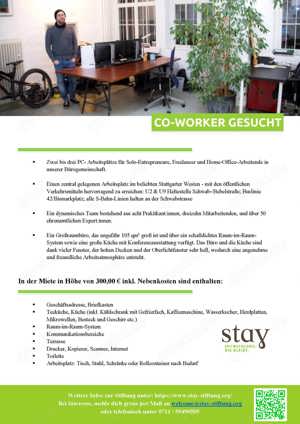Co-Worker in Stuttgart West (Schwabstraße) gesucht