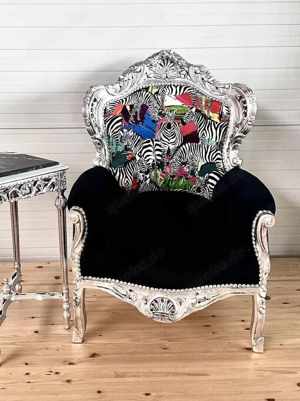 Armchair French Louis Style Safari Zebra in Silver Finish Baroque Rococo Style