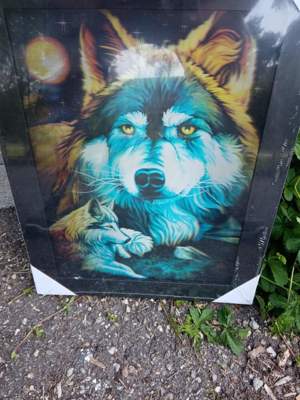 Hochwertiges 3D Effekt Bild auf Holzrahmen - Wolf, 36,5 x 46 cm.