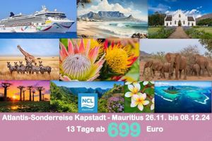 Sensationell: 13 Tage Kapstadt - Mauritius mit Vollpension ab  699 Euro !