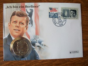 Numismatikbrief "Ich bin ein Berliner" - J.F. Kennedy mit Münze 1 2 Dollar, Briefmarken und Stempel 