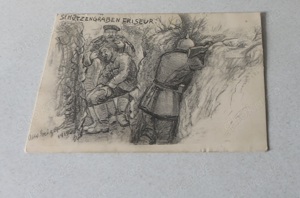 Feldpostkarte aus dem 1. Weltkrieg, Schützengrabenfriseur von 1915 beschrieben