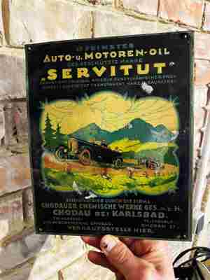 Servitut Motoren Oil   Antikes Reklameschild um 1910   Shell Mobiloil Motoroil Emailschilder Origina