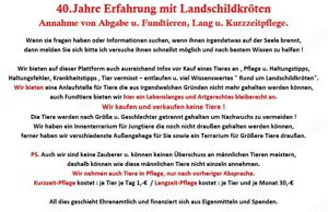  40Jahre Erfahrung mit Landschildkröten Annahme von Abgabe u. Fundtieren, Lang u. Kurzzeitpflege.