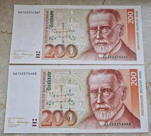 2x 200 DM Deutsche Mark Banknoten Geldscheine 1989 Kassenfrisch Unzirkuliert