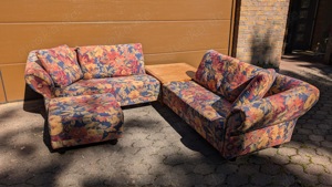 Rolf Benz Sofa mit Fußhocker und Beistelltisch aus Teakholz