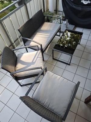 Balkonset - Lounge Set - Rattan Optik schwarz mit Polster