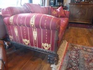 Couch Garnitur um 1900 neu bezogen  Couch + 2 Sessel   Löwentatzen Füße Couch 200x90x83 Sessel 90x75 Bild 3
