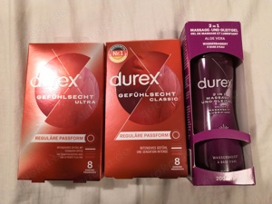 Paket aus drei Durex Produkten Massage   Gleitgel   Kondome NEU   OVP