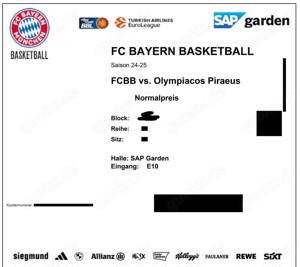 2x tickets FC Bayern München Basketball FCBB gegen Olympiakos Piräus BC im SAP Garden München am Fre