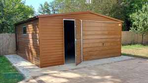 Garage 5x5m Premium, Blechgarage, Fertiggarage, Top Garage, Schwingtor mit Automatik, Holzähnlich