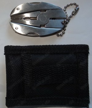 D Reisewerkzeug Multitool mini Edelstahl 47G 5x3x0,6 Etui7x5 für Gürtel 3,5 unbenutzt einwandfrei e