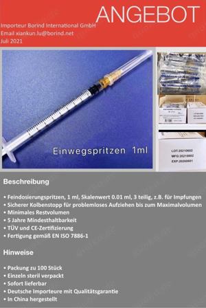 3600*1mL cc Einwegspritzen Steril Plastiktube mit Nadeln, Disposable Syringe