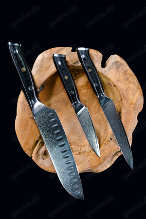 Damastmesser-Set | Santoku-, Allzweck-, Gemüsemesser | VG10 Edelstahlkern mit 67 Lagen Damaststahl