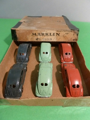 6 Märklin VW Brezelkäfer im Händlerkarton 55199 ca.1939, Guß