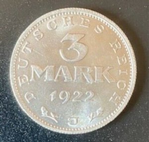  3 Mark "J" Kursmünze von 1922 Weimarer Republik Deutsches Reich Umlaufmünze