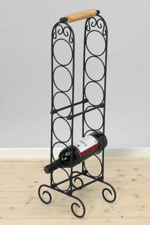 Dekorativer Flaschenhalter aus Metall mit dunklem Holzgriff