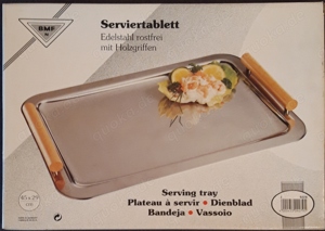 Serviertablett Edelstahl mit Holzgriffen, 45 x 29 cm Bild 2