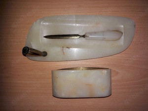 Antikes Schreibtischset heller Onyx Marmor 3-teilig mit Füllfederhalter ca. 1960