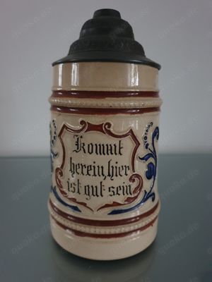 Antik! Rarität! Bierkrug Bierseidel Steingut ca. 1900 Zinndeckel Kommt herein, hier ist gut sein!
