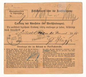 Württemberg Paketkarte 2mal Mi 49 (50 Pf grau) und Mi 50, 2m gelb nach Lübeck