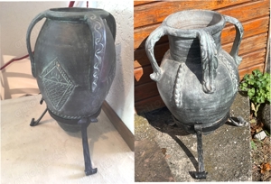 2  Schwere hohe mediterrane Bodenvasen mit Schmiedeeisen Fuss - GRAU