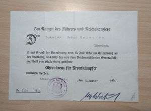 Begleitschreiben zum Ehrenkreuz für Frontkämpfer 1934, Löwenberg