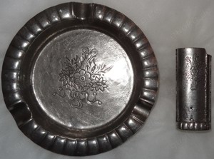 Z Zinnaschenbecher Feuerzeugetui 95% Zinn 2tlg Set kaum gebraucht s. gut erhalten  Vintage