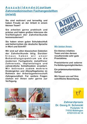 A u s z u b i l d e n d e (r) zur zum Zahnmedizinischen Fachangestellten (m w d)