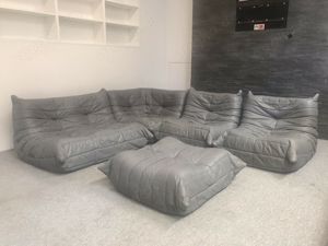 Ligne Roset Togo Leder Grau Originalzustand 2-Sitzer 2x Sessel 1x Pouf 1x Ecke