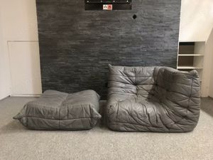 Ligne Roset Togo Leder Grau Originalzustand 2-Sitzer 2x Sessel 1x Pouf 1x Ecke Bild 4