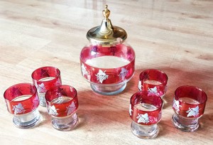 Bowle-Set 6 Gläser+Behälter mit Weinrebenmuster,Goldrand, farbig