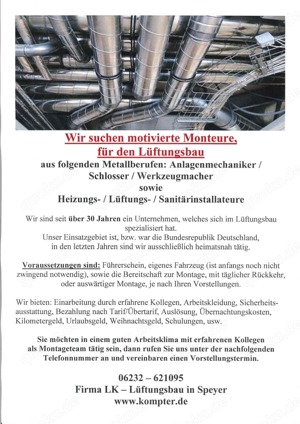 Monteur für die Lüftungsbranche zur Festeinstellung gesucht
