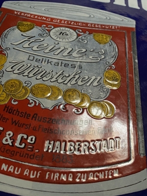 Emailschild orig.Heine's Würstchen Halberstadt 1915