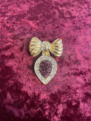 Goldfarbene Brosche Anstecknadel, Schleife mit Steinen, Vintage