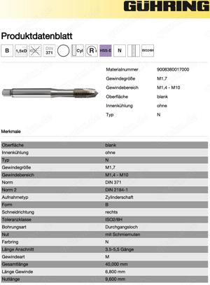  GÜHRING Handgewindebohrer   861 DIN 352 N HSS blank RH M1,7