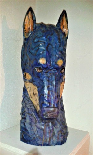 Holzskulptur  Hundekopf   - Plastik Statue 