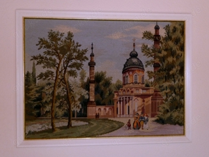 gesticktes Gemälde "Moschee im Schloßgarten Schwetzingen", gebraucht