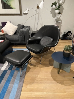 1960s Eero Saarinen Knoll International Womb Chair and Ottoman New Black Leather
