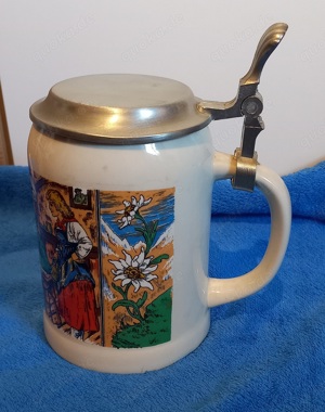   Bierkrug mit Zinndeckel, Keramik, Sammeln 