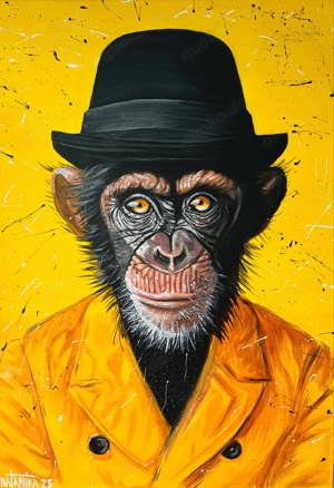  Schimpanse mit Hut , Acrylgemälde (70x50), Leinwand auf Keilrahmen, lackiert